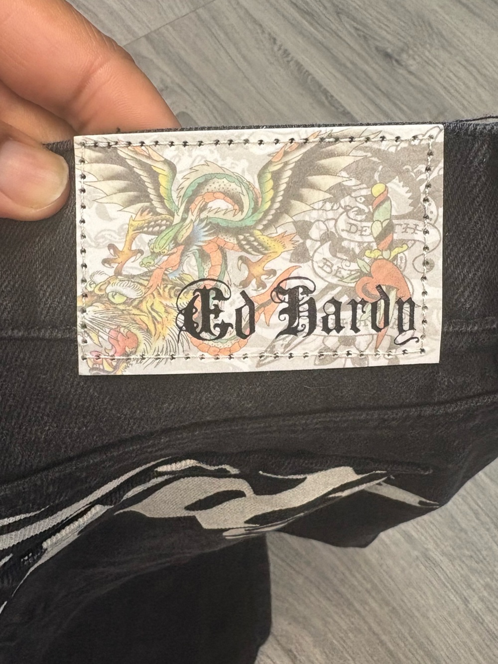 Ed Hardy Black Denim Shorts with White Script and Multicolor Skull - Picture 3 of 7